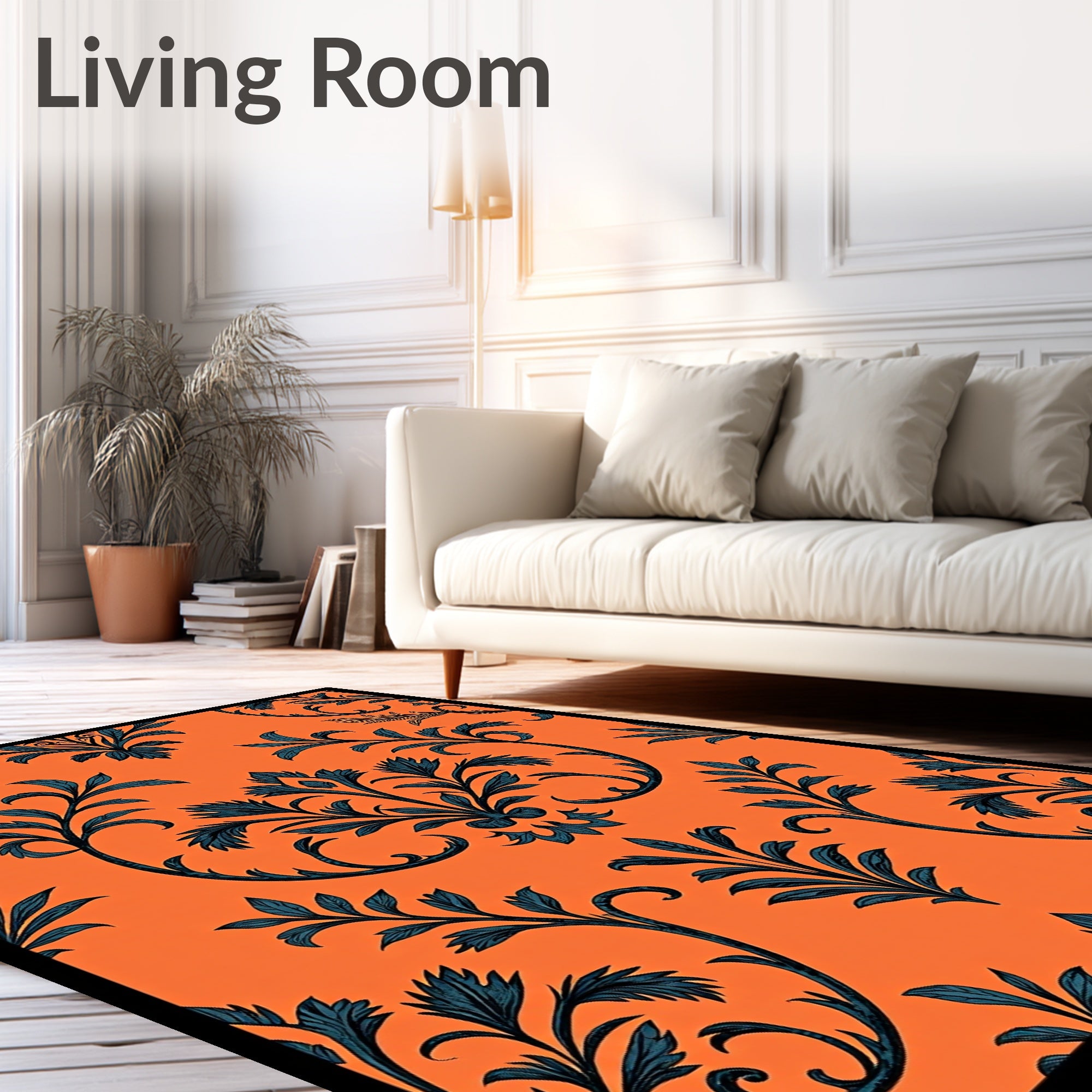 Deep Blue Floral Damask Orange Rug