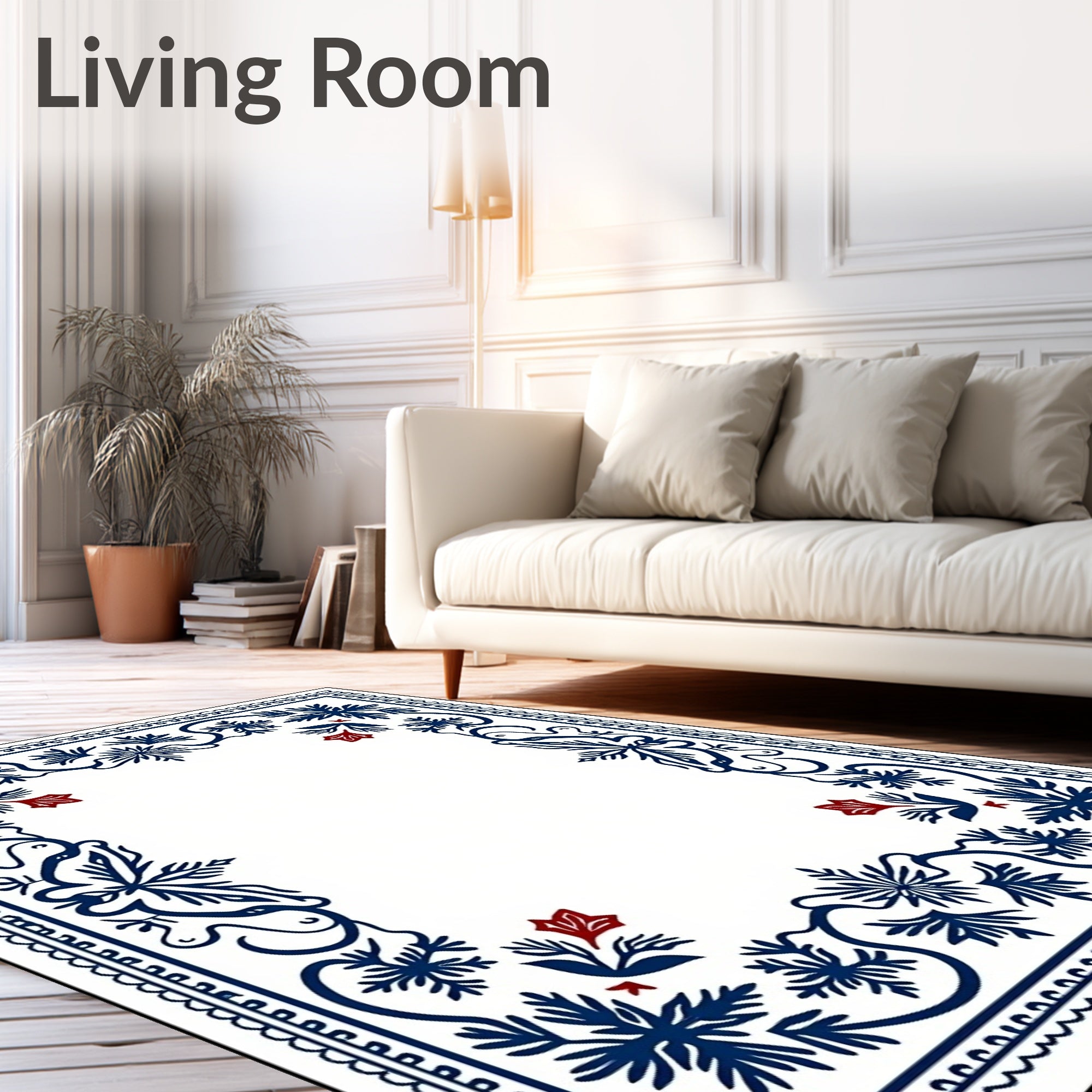 Navy Blue Red Floral Leaf Border Rug