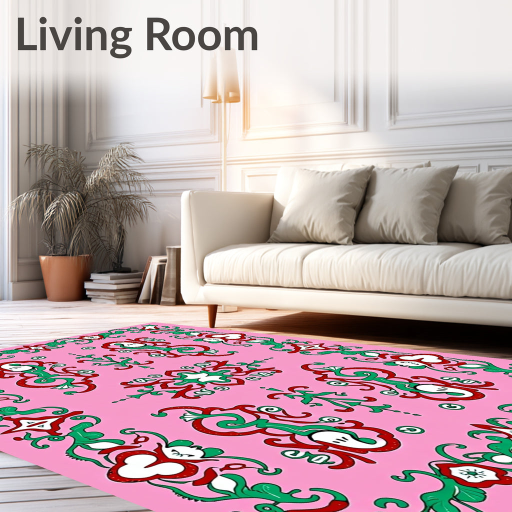 Pink Red Green Scroll Floral Border Rug