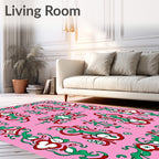 Pink Red Green Scroll Floral Border Rug