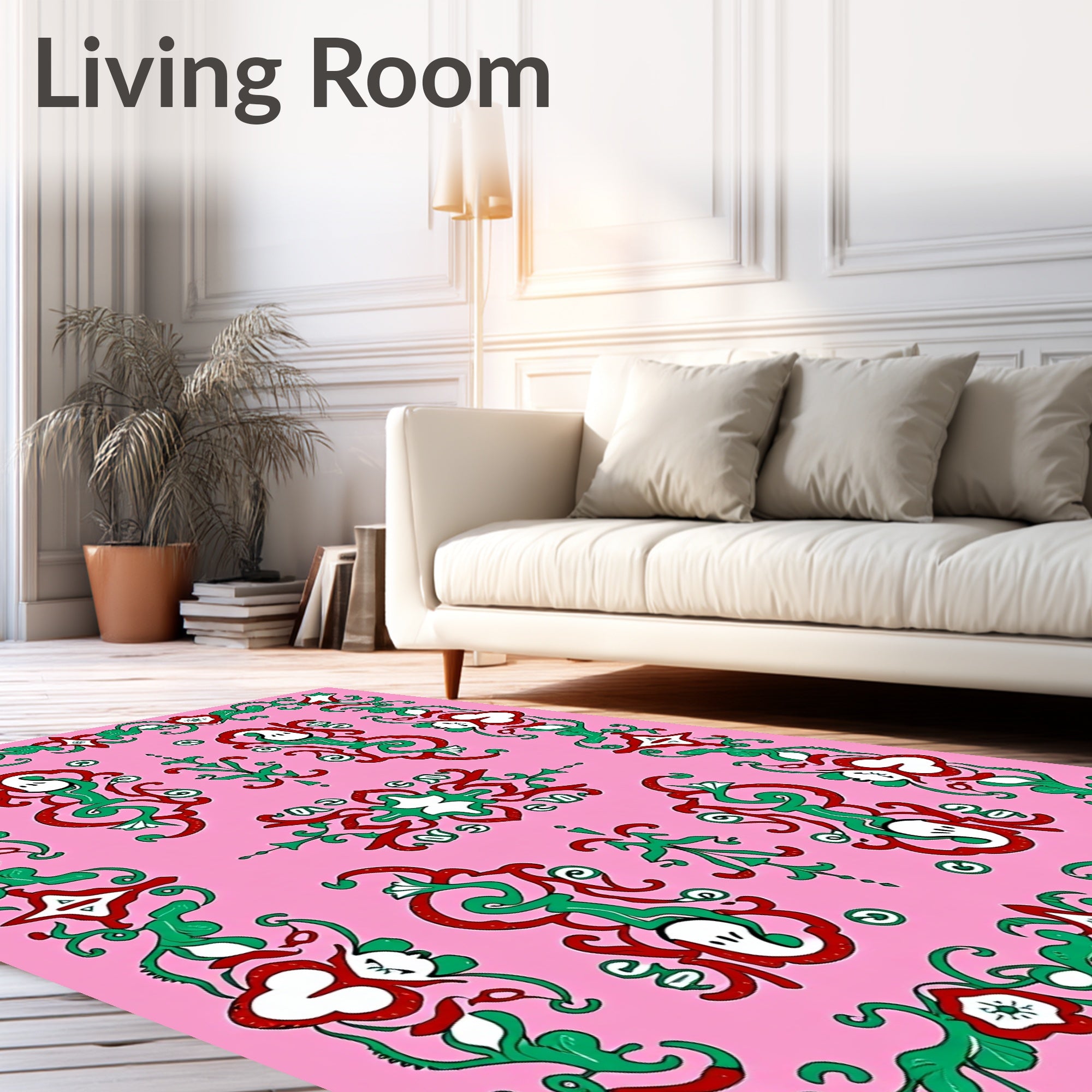 Pink Red Green Scroll Floral Border Rug