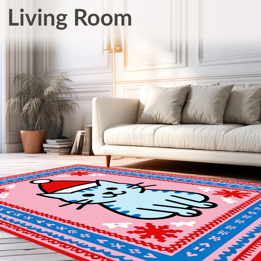 Cute Light Blue Cat Snowflake Hat Rug