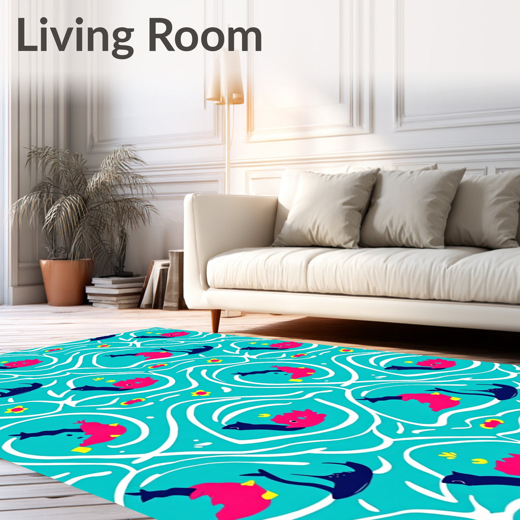 Playful Pink Blue Whimsical Fish Waves Rug