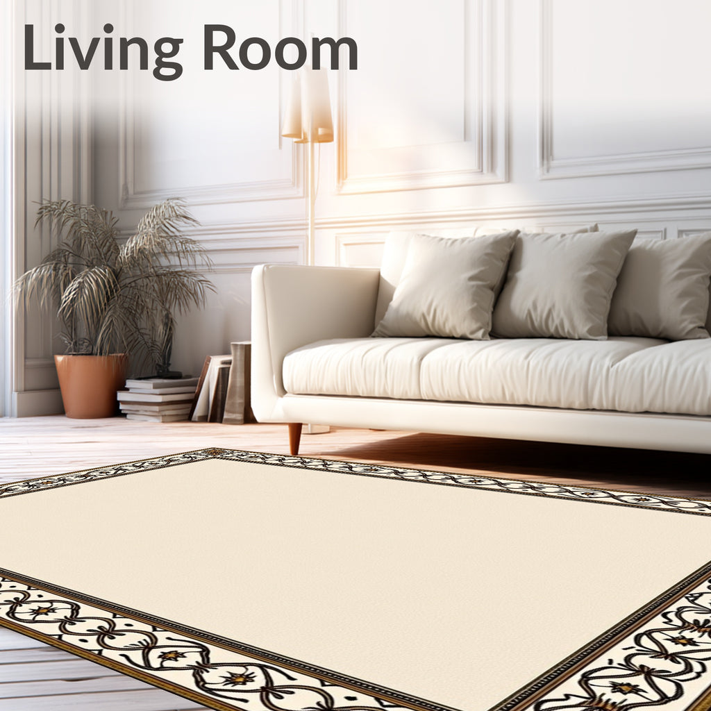 Elegant Ivory Brown Floral Border Rug