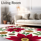 Crimson Flowers Green Leaves Pinecones Rug