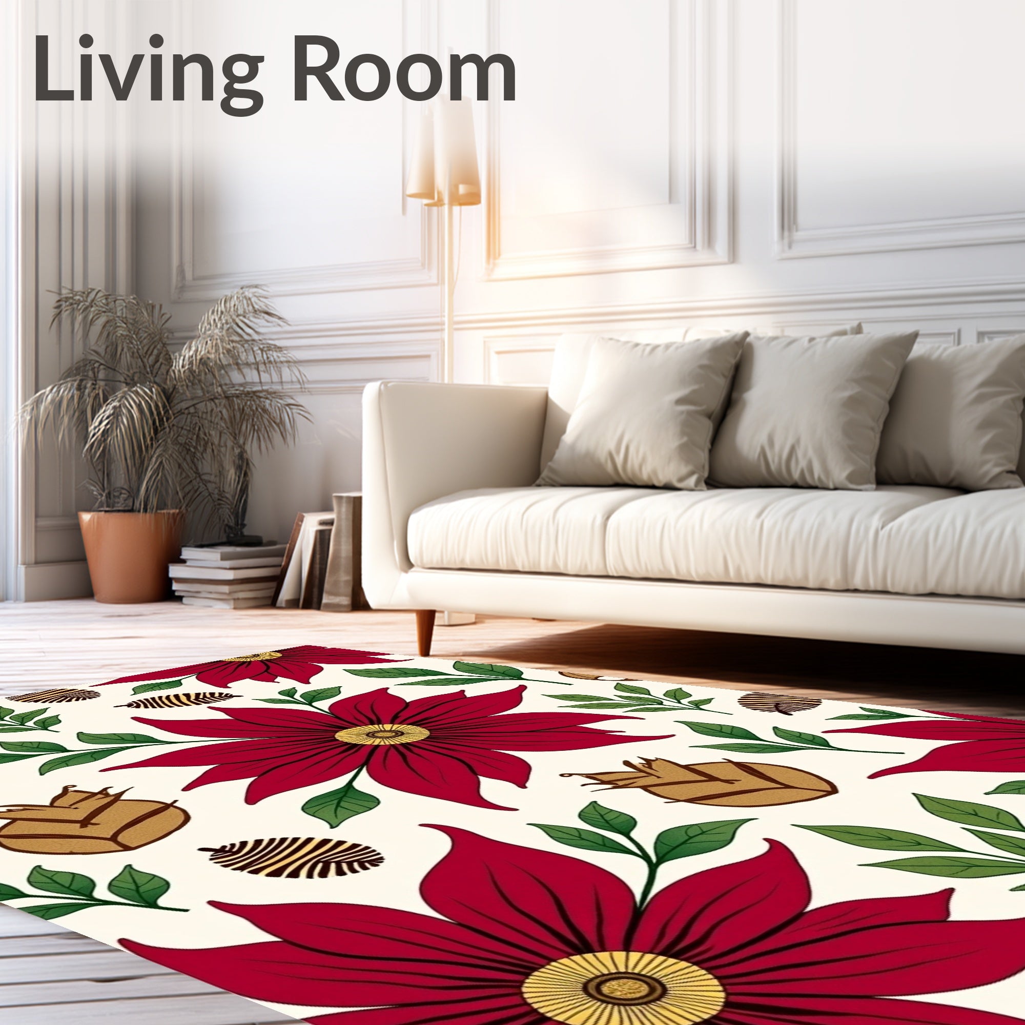 Crimson Flowers Green Leaves Pinecones Rug