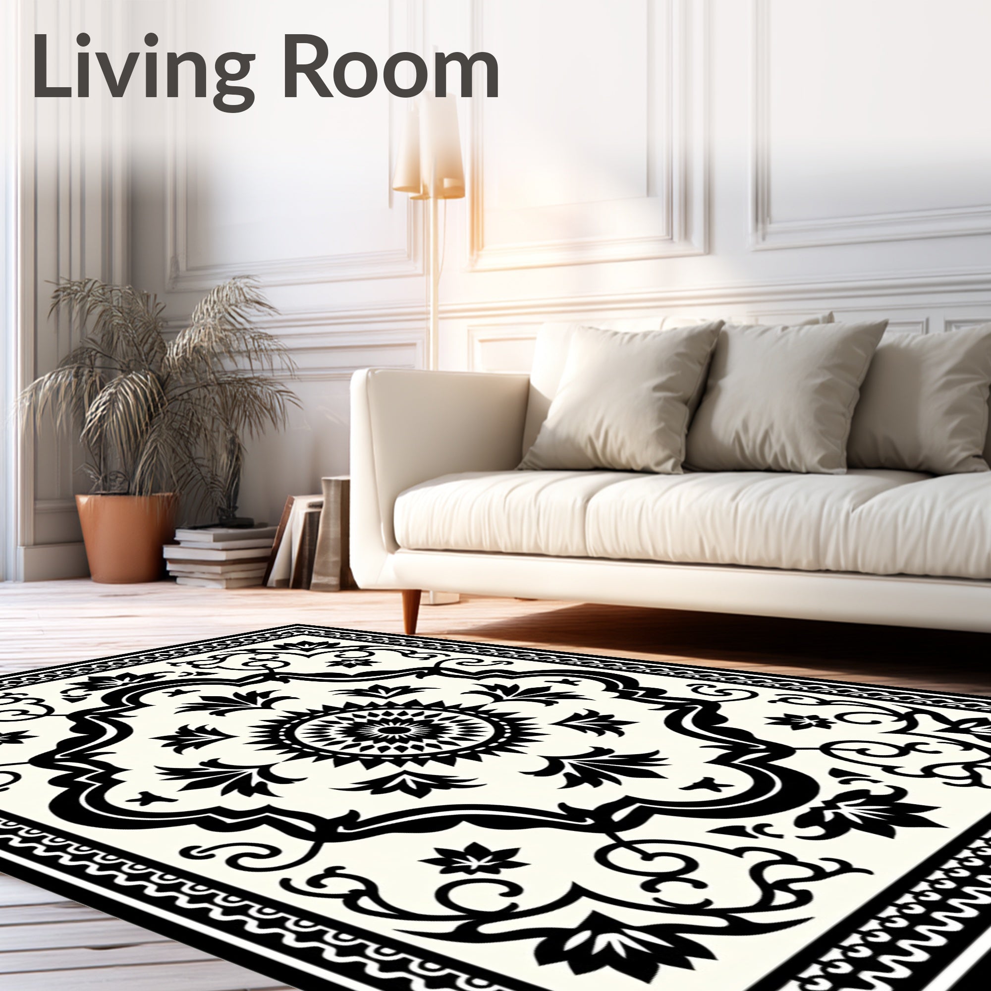 Monochromatic Floral Medallion Scroll Border Rug