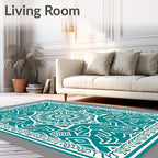 Teal and White Mandala Art Rug