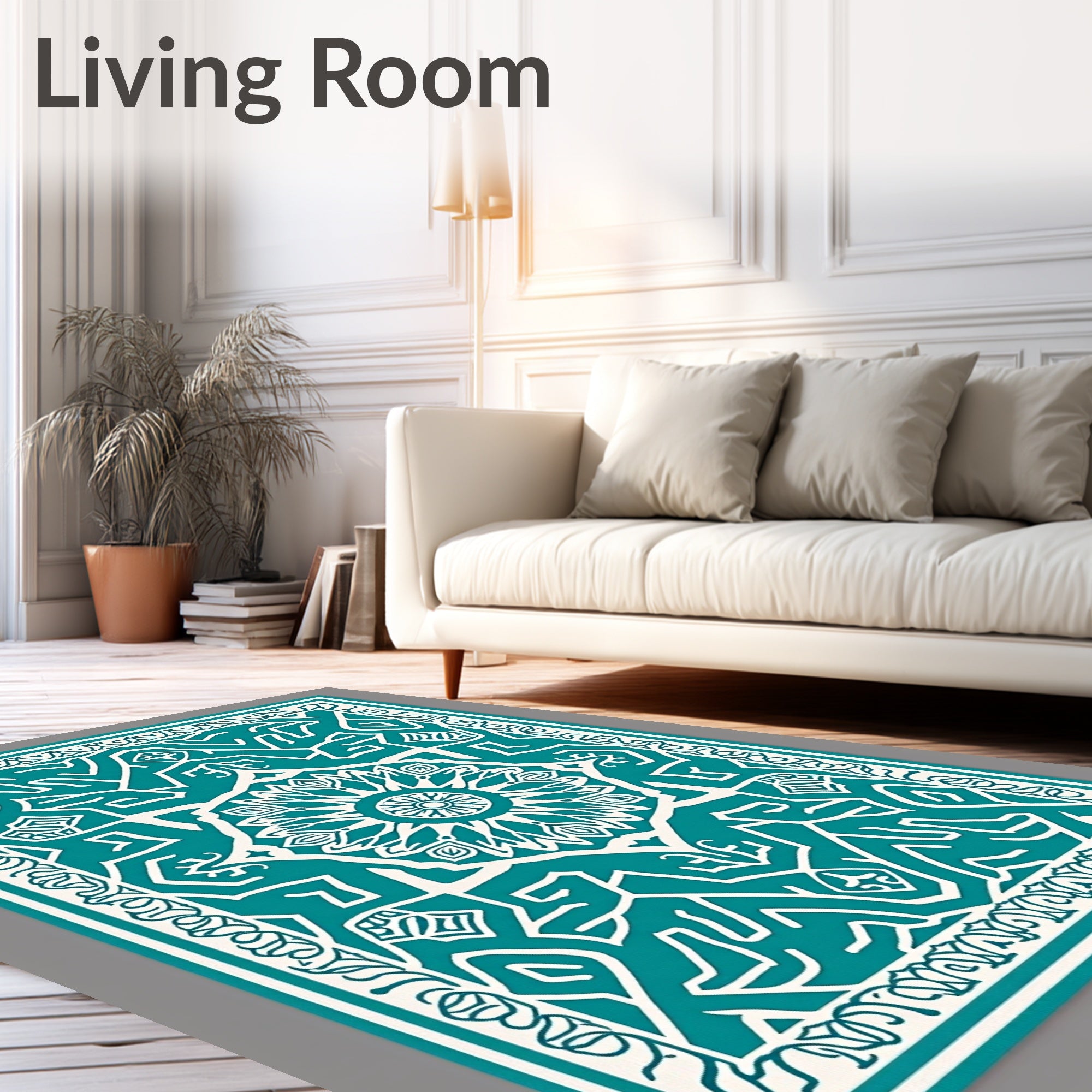 Teal and White Mandala Art Rug