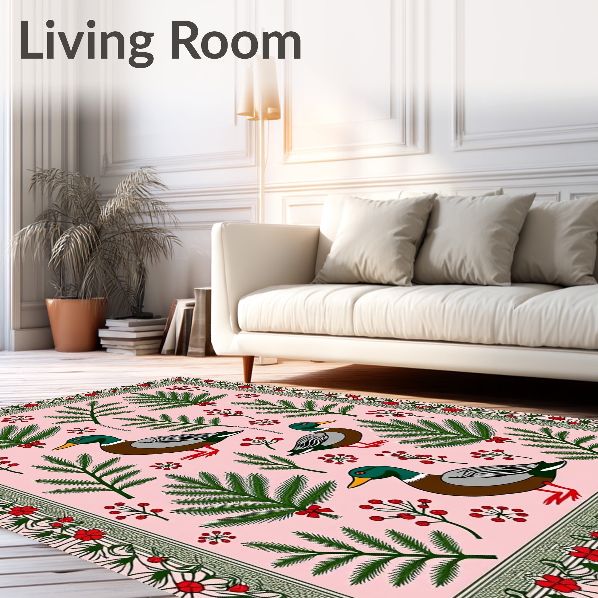 Pink Whimsical Duck Pineberry Border Rug