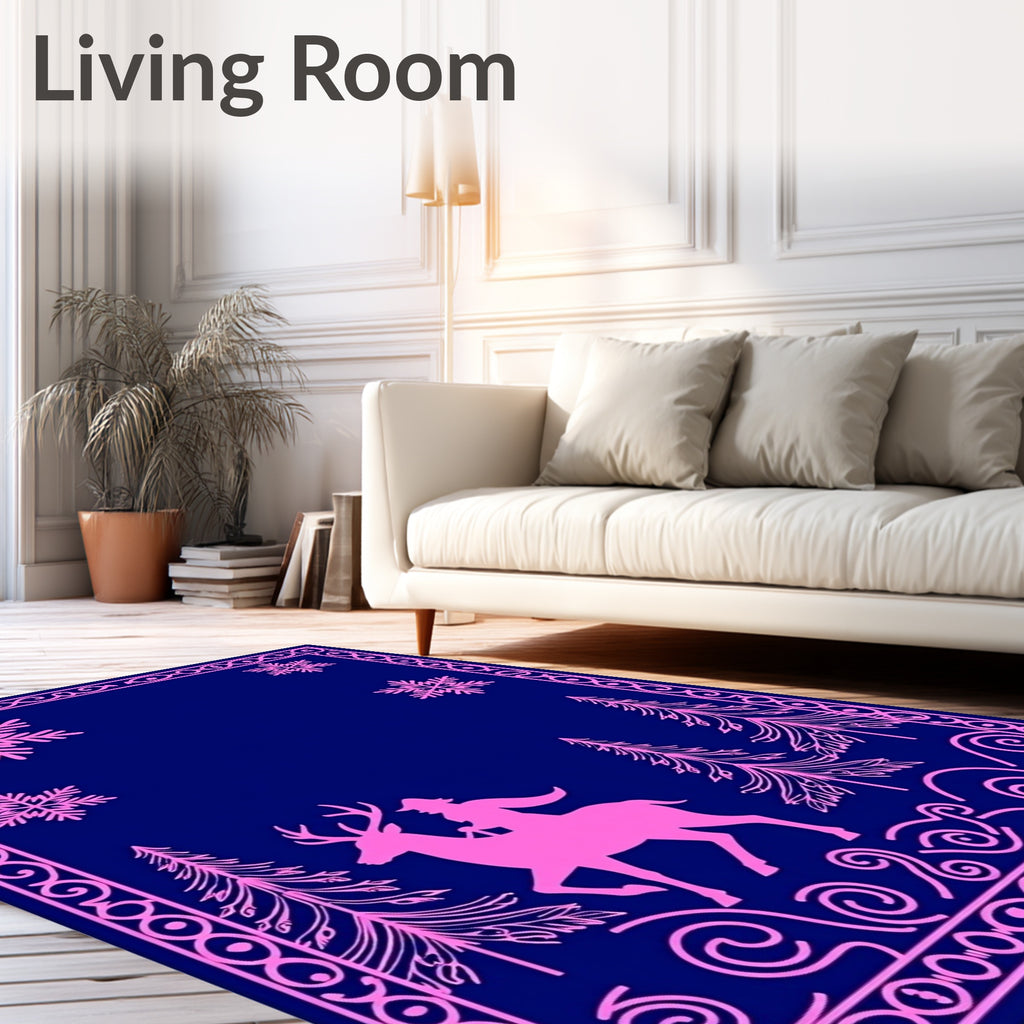 Pink Deer Rider Snowflake Woodland Scene Rug
