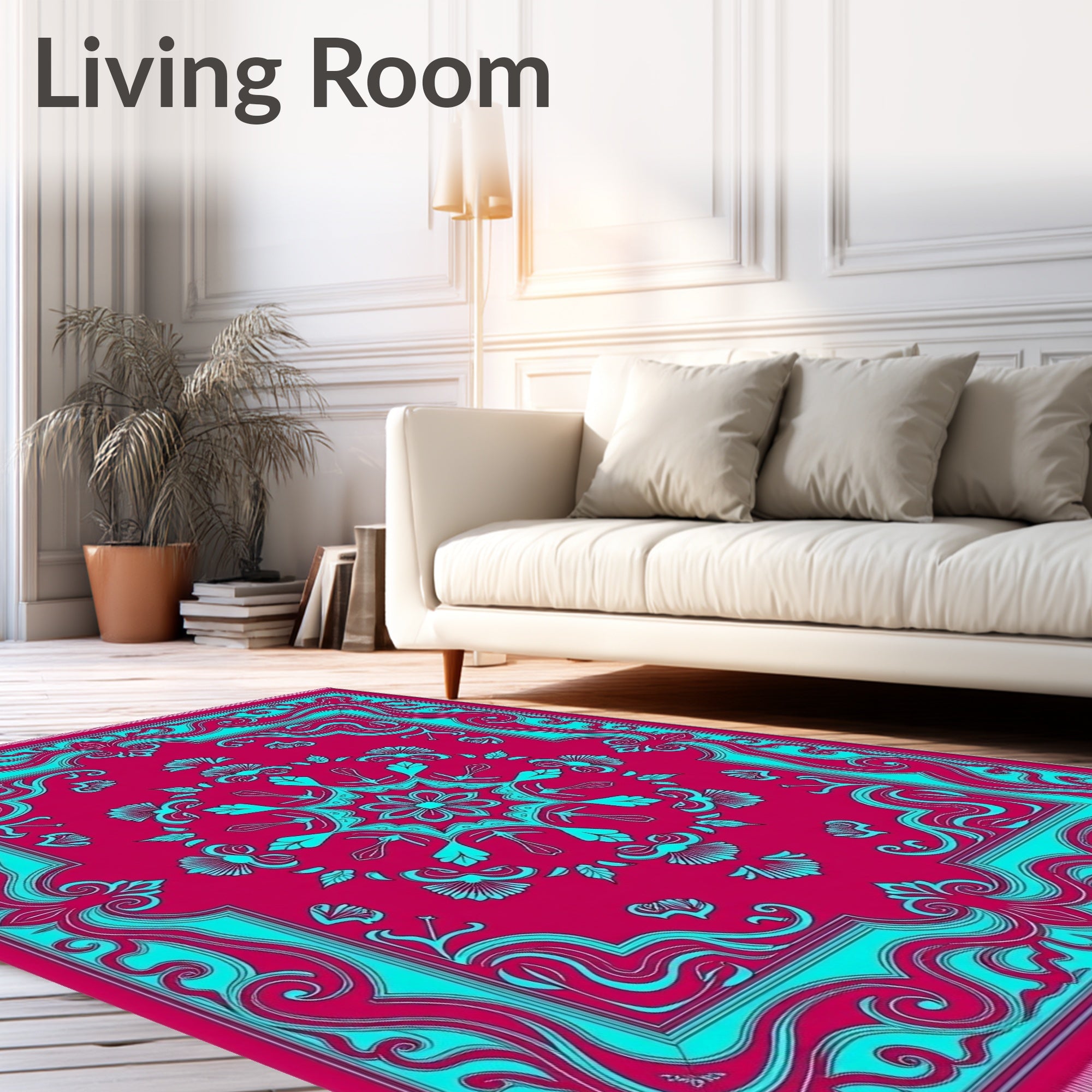 Crimson Teal Floral Scroll Frame Rug