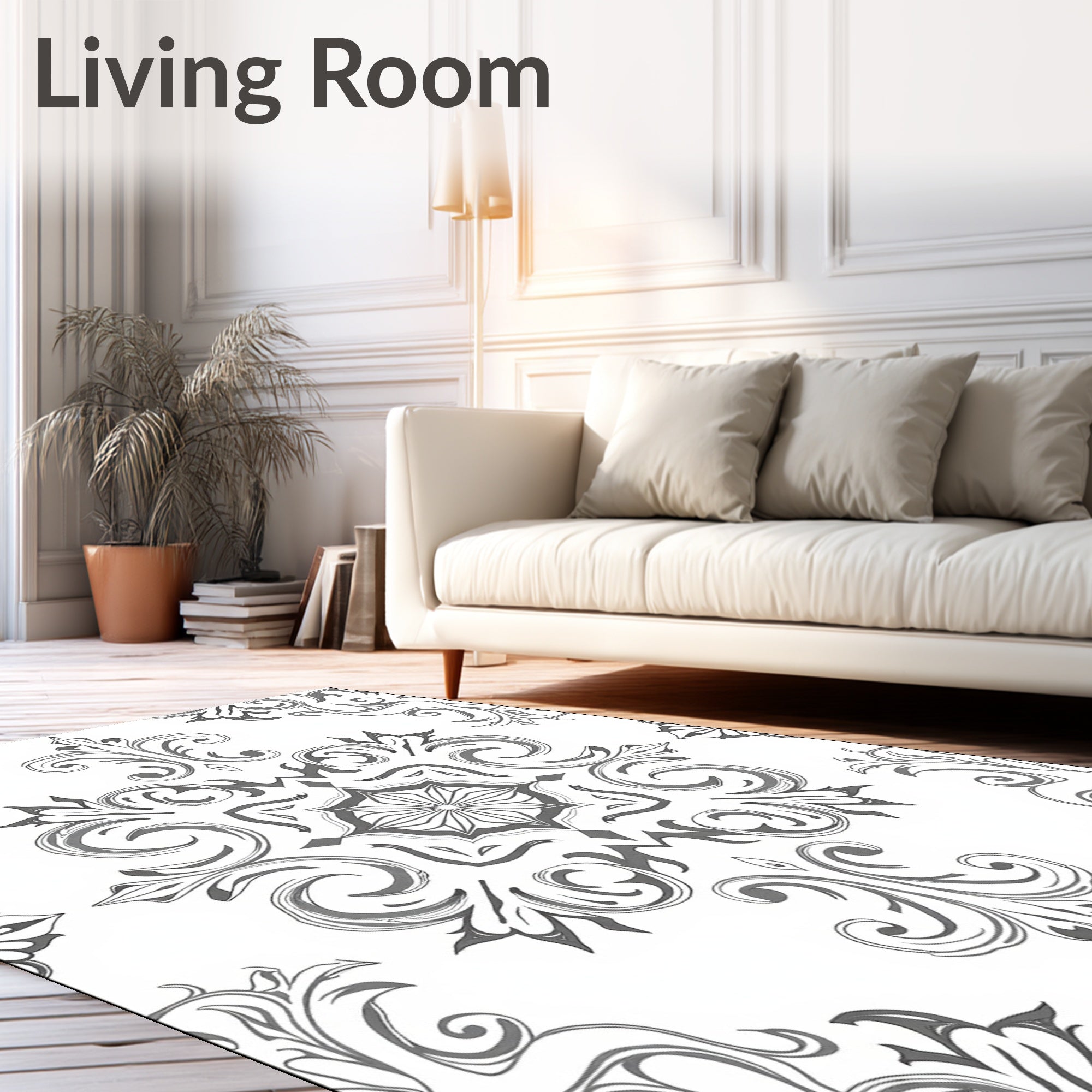 Ornate Gray Floral Scroll Medallion Rug
