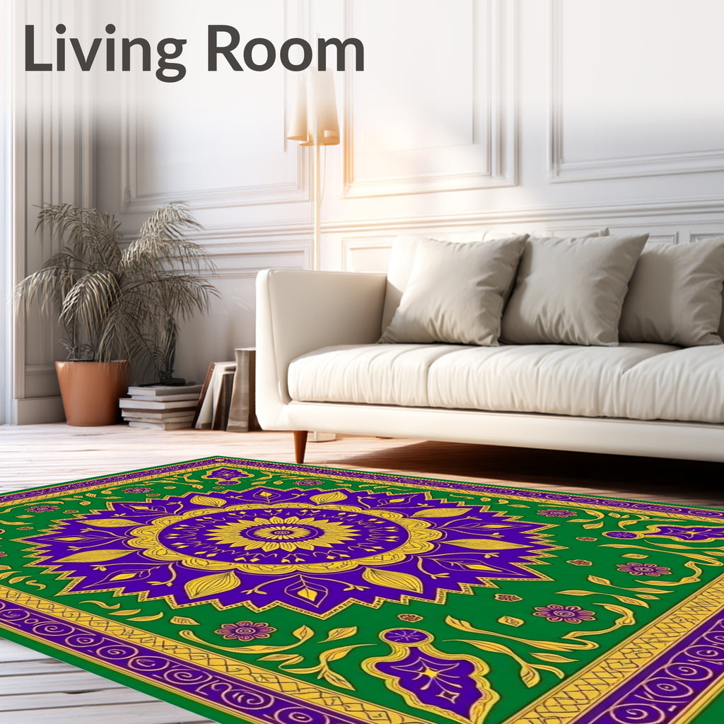 Purple Golden Floral Sunburst Green Rug