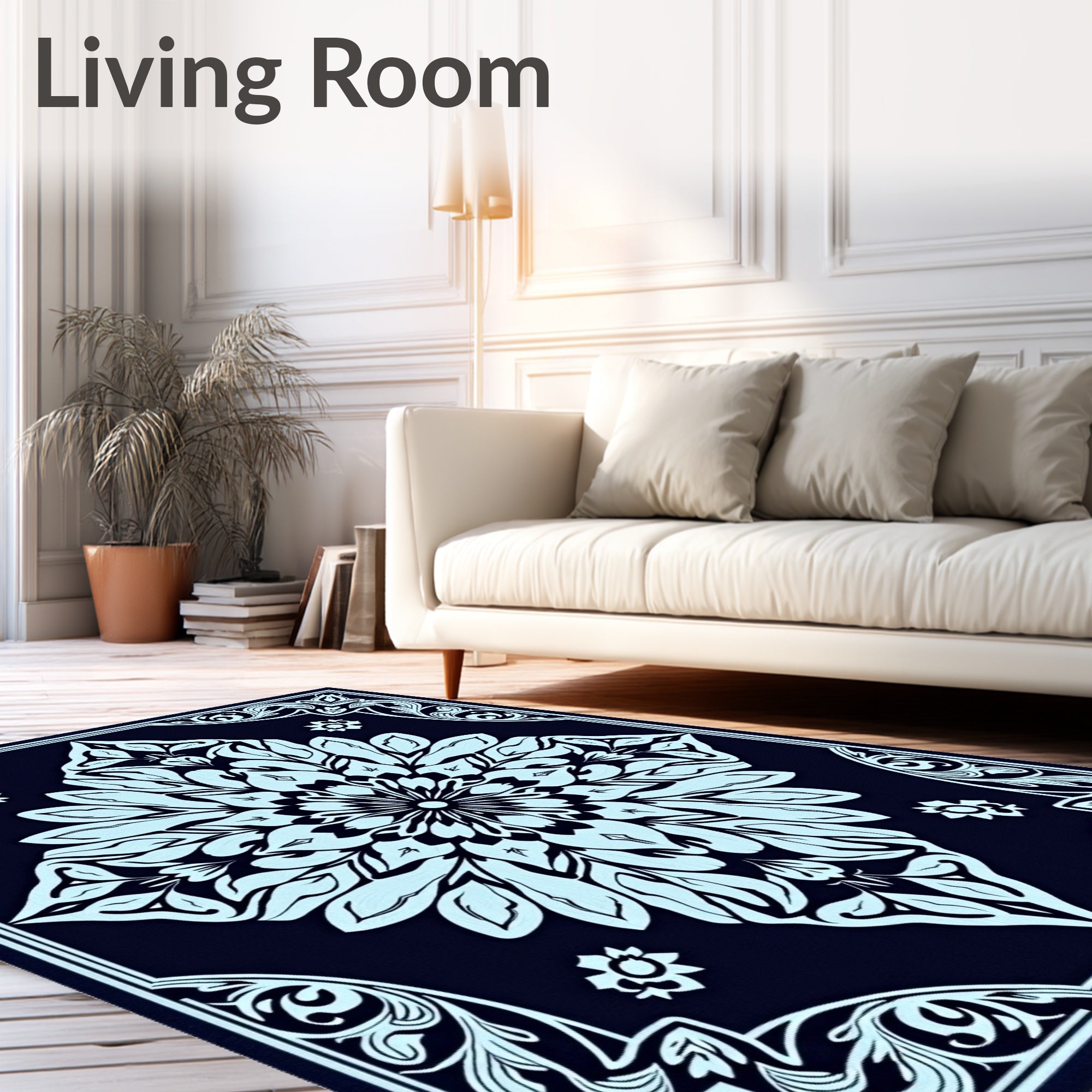 Sky Blue Floral Mandala on Navy Rug