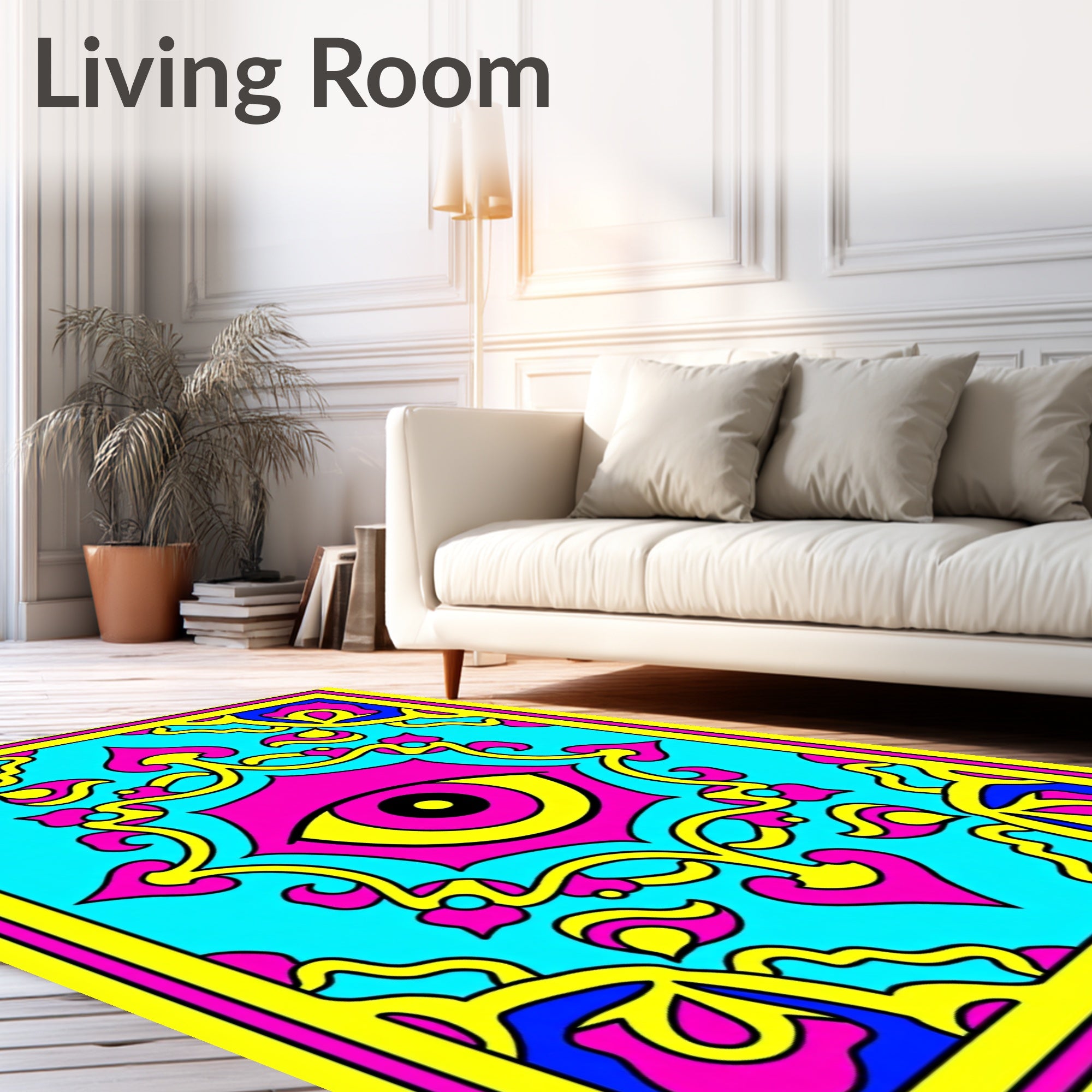 Vibrant Cyan Pink Yellow Eye Mandala Rug