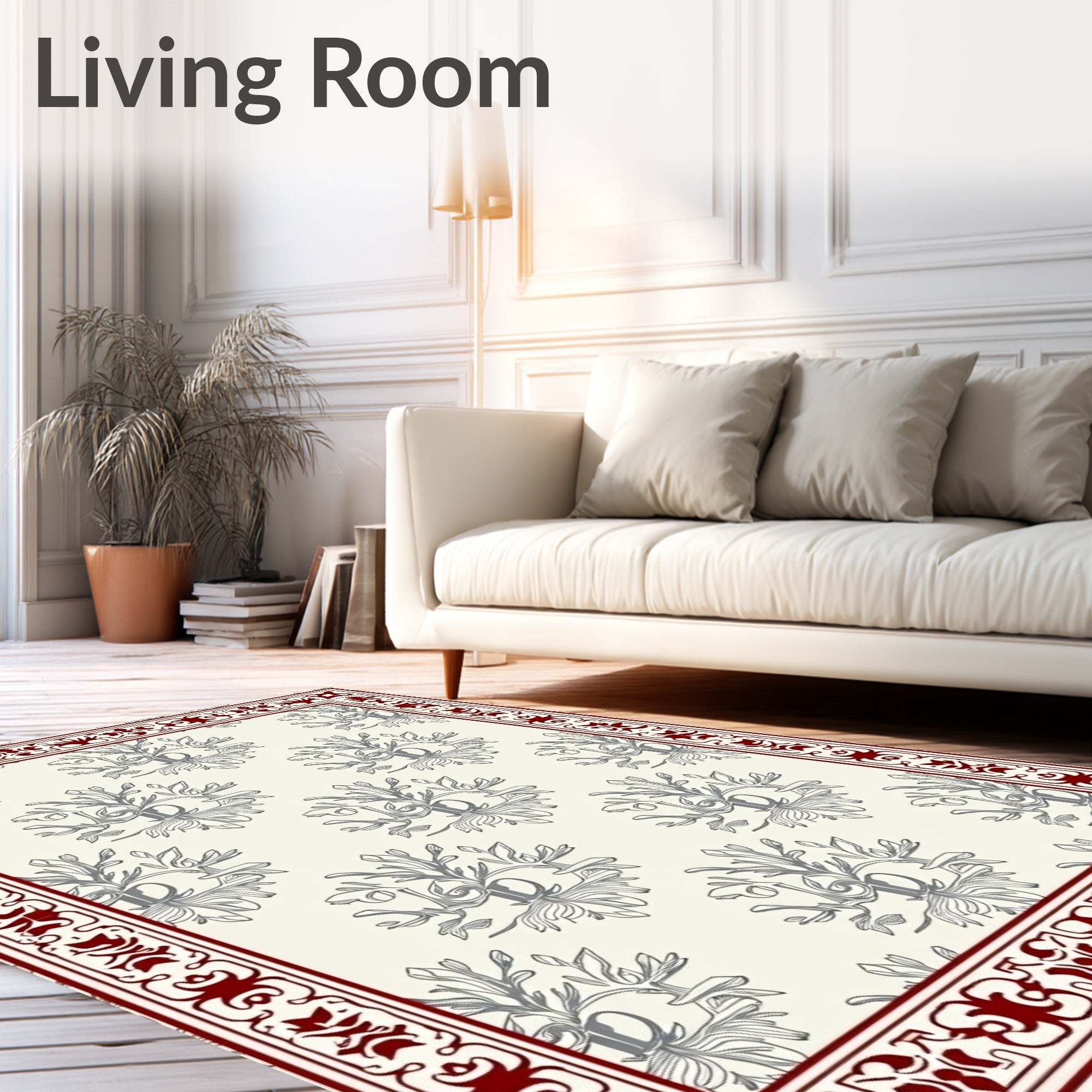 Crimson Bordered Floral Garland Rug