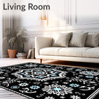 Black Blue White Floral Medallion Rug