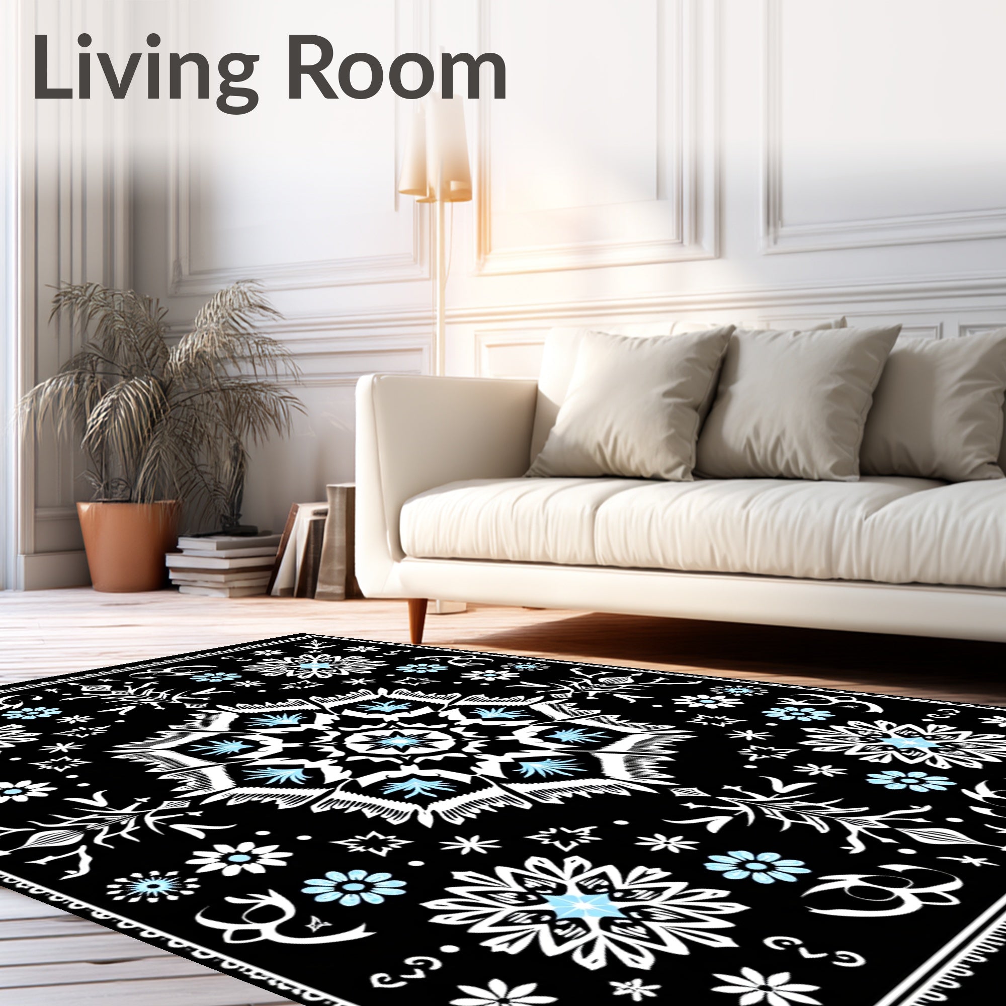 Black Blue White Floral Medallion Rug