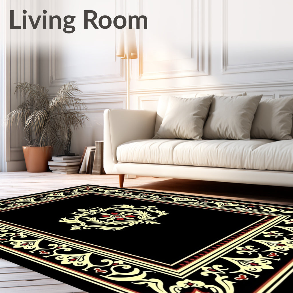 Black Cream Red Ornate Scroll Garden Rug