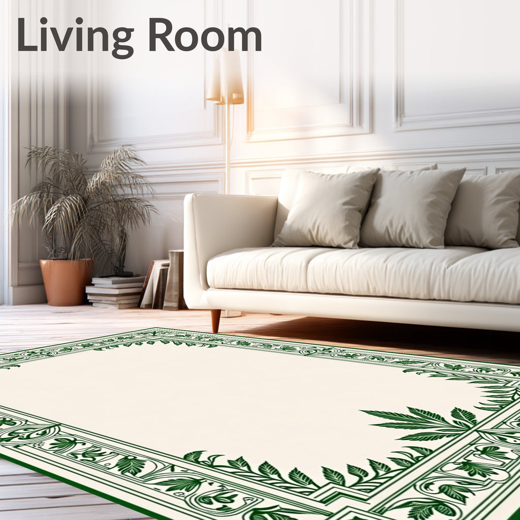 Emerald Green Ornate Leaf Border Rug