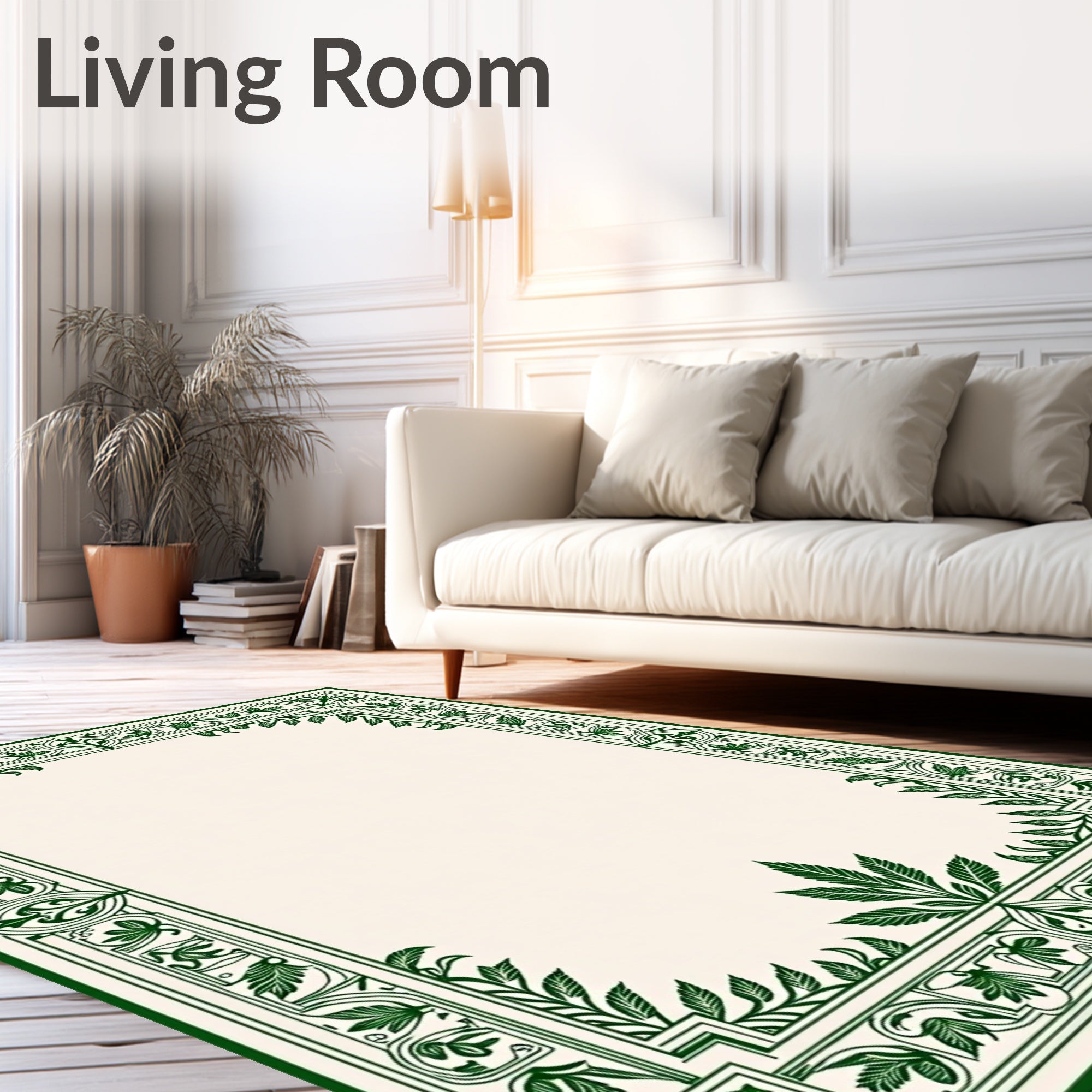 Emerald Green Ornate Leaf Border Rug