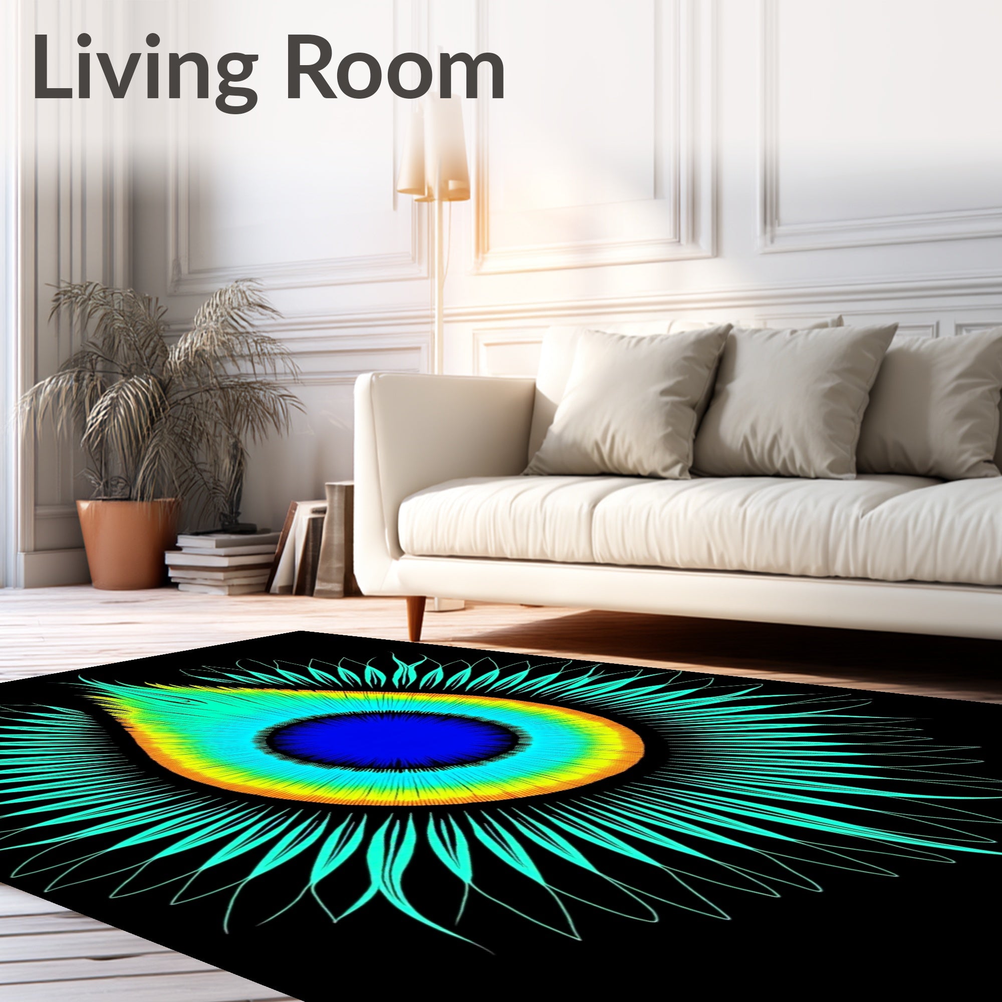Vibrant Teal Rainbow Peacock Eye Rug