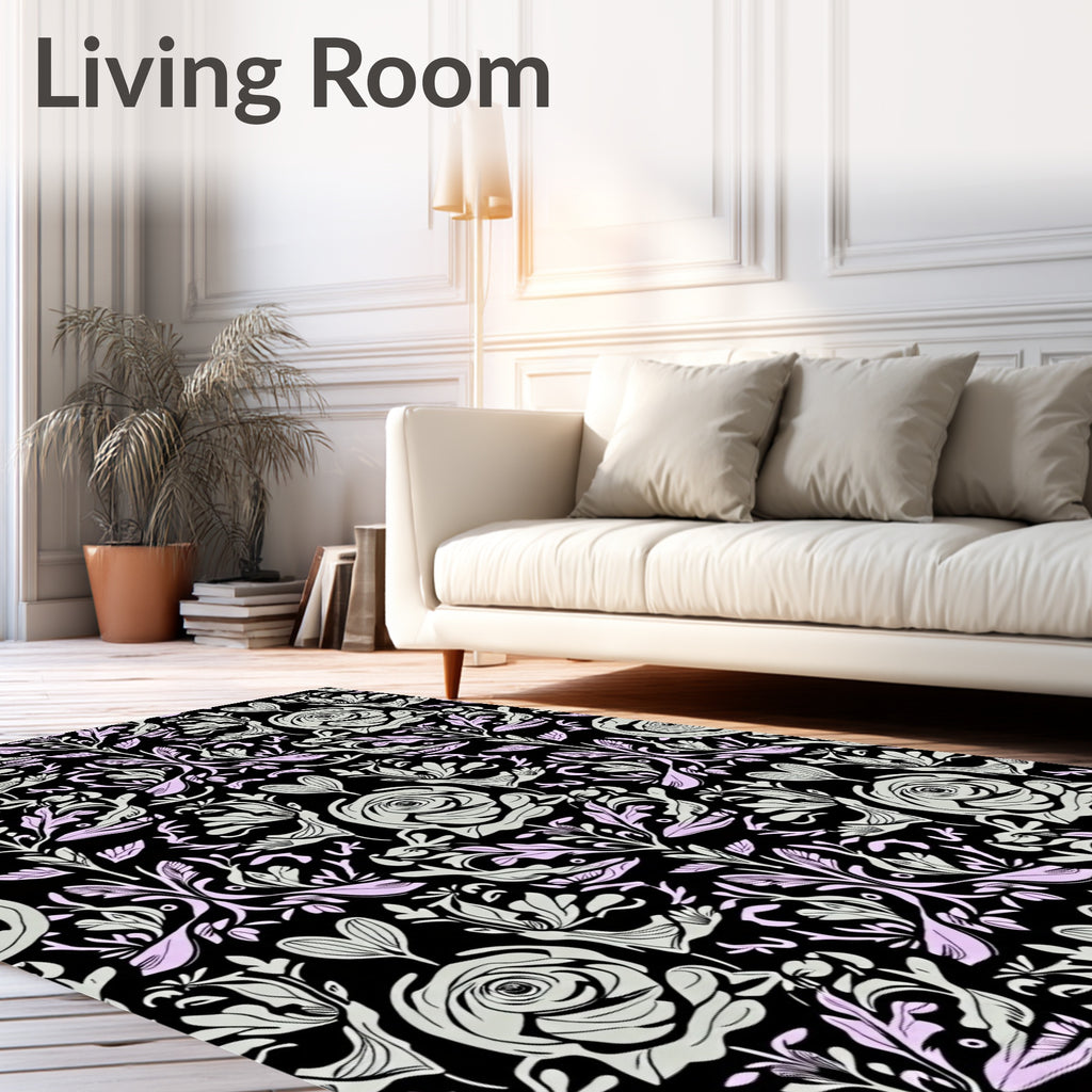 Delicate Black Floral Rose Garden Rug