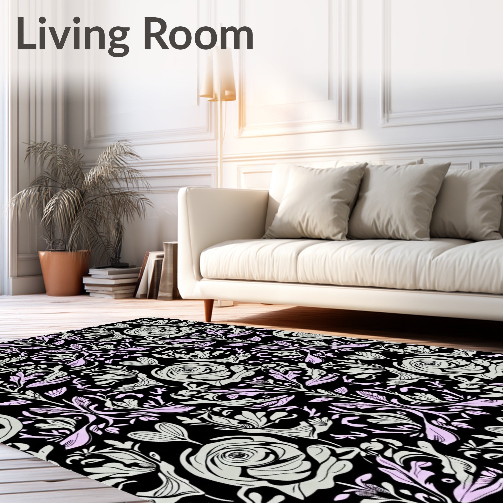 Delicate Black Floral Rose Garden Rug