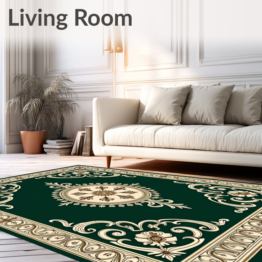 Rich Emerald Green Floral Scroll Rug