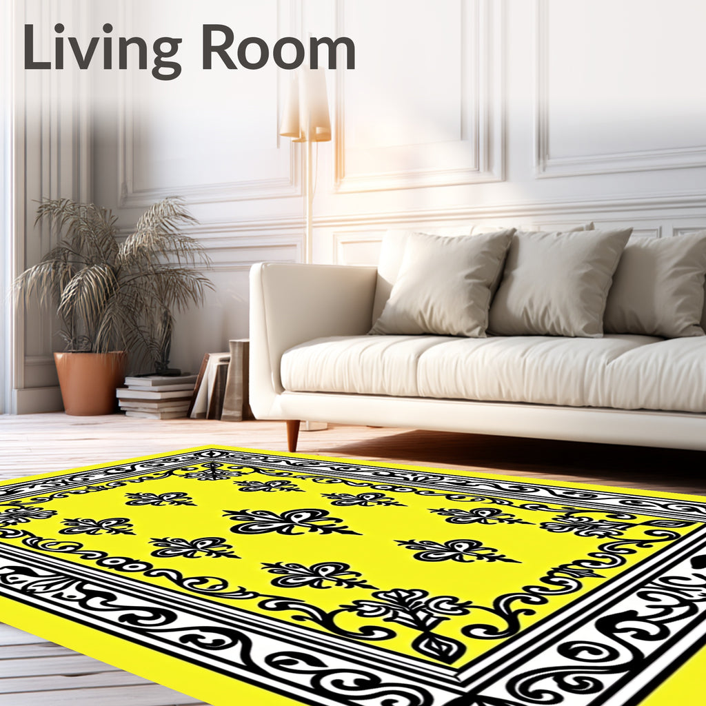 Vivid Yellow Black Floral Frame Rug