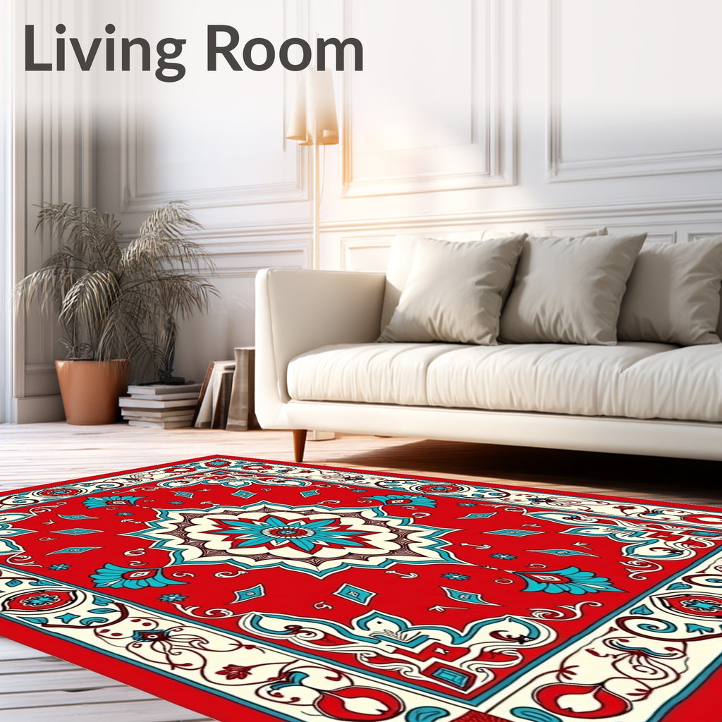 Red Teal Medallion Floral Border Rug