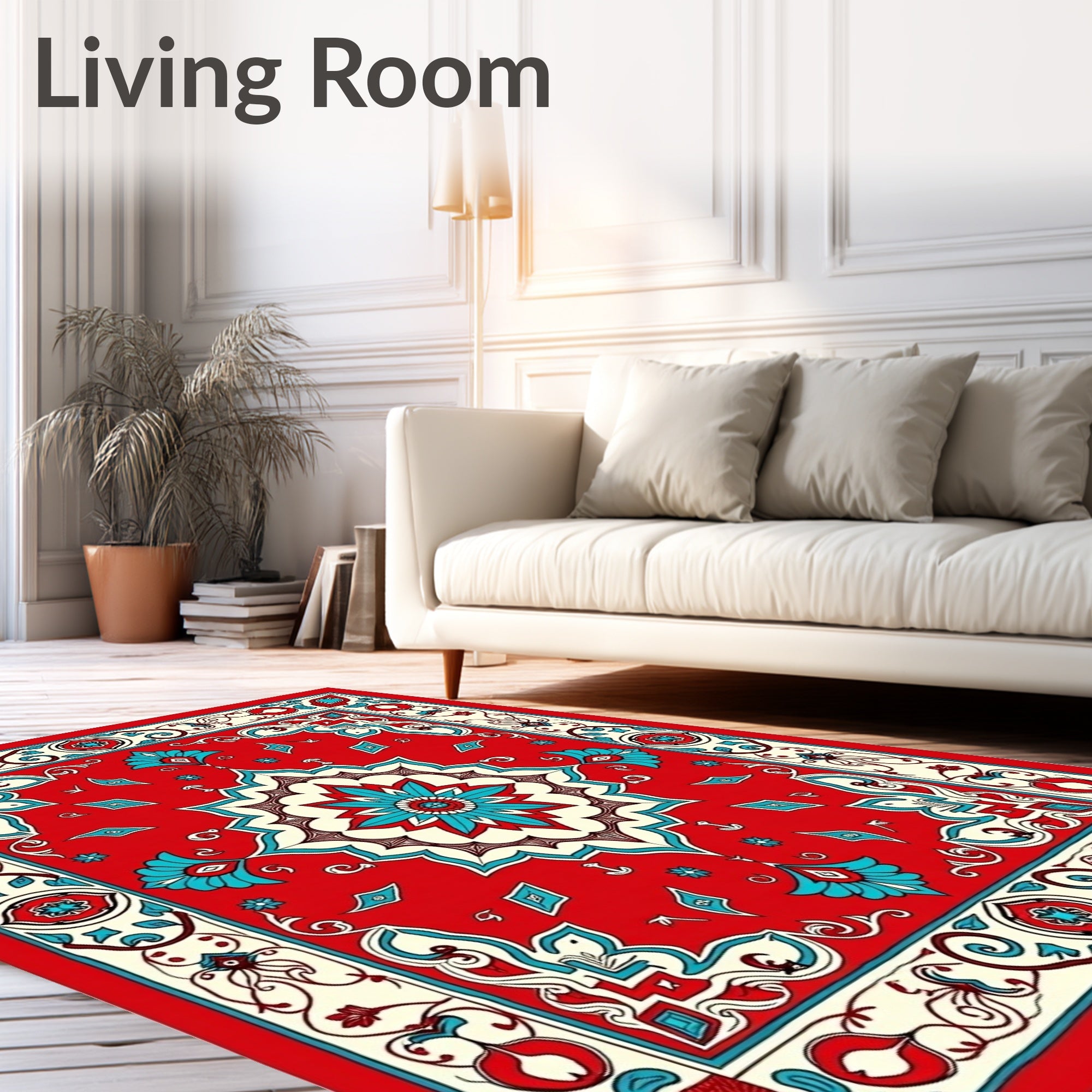 Red Teal Medallion Floral Border Rug