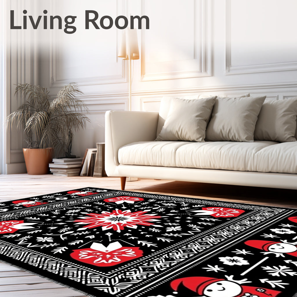 Whimsical Red Gnome Snowflake Folk Rug