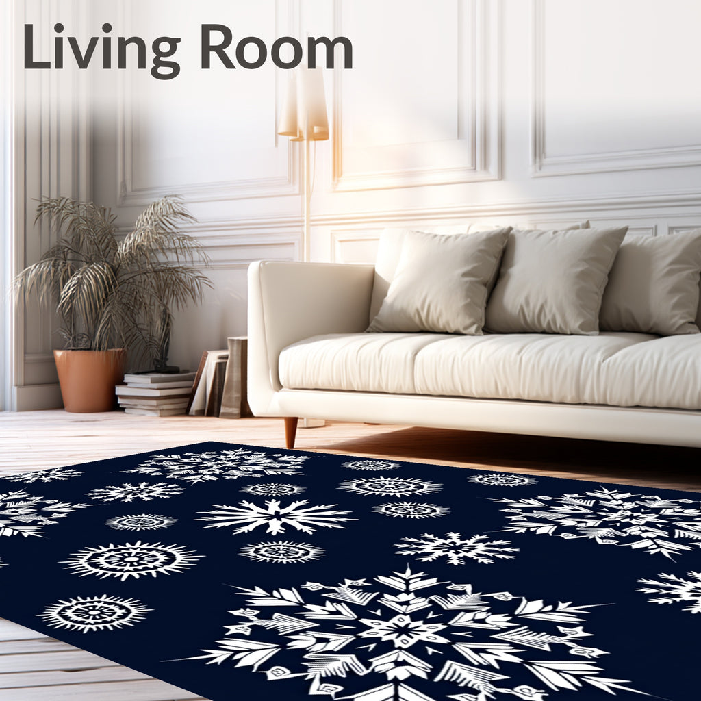White Snowflake Collection on Navy Rug