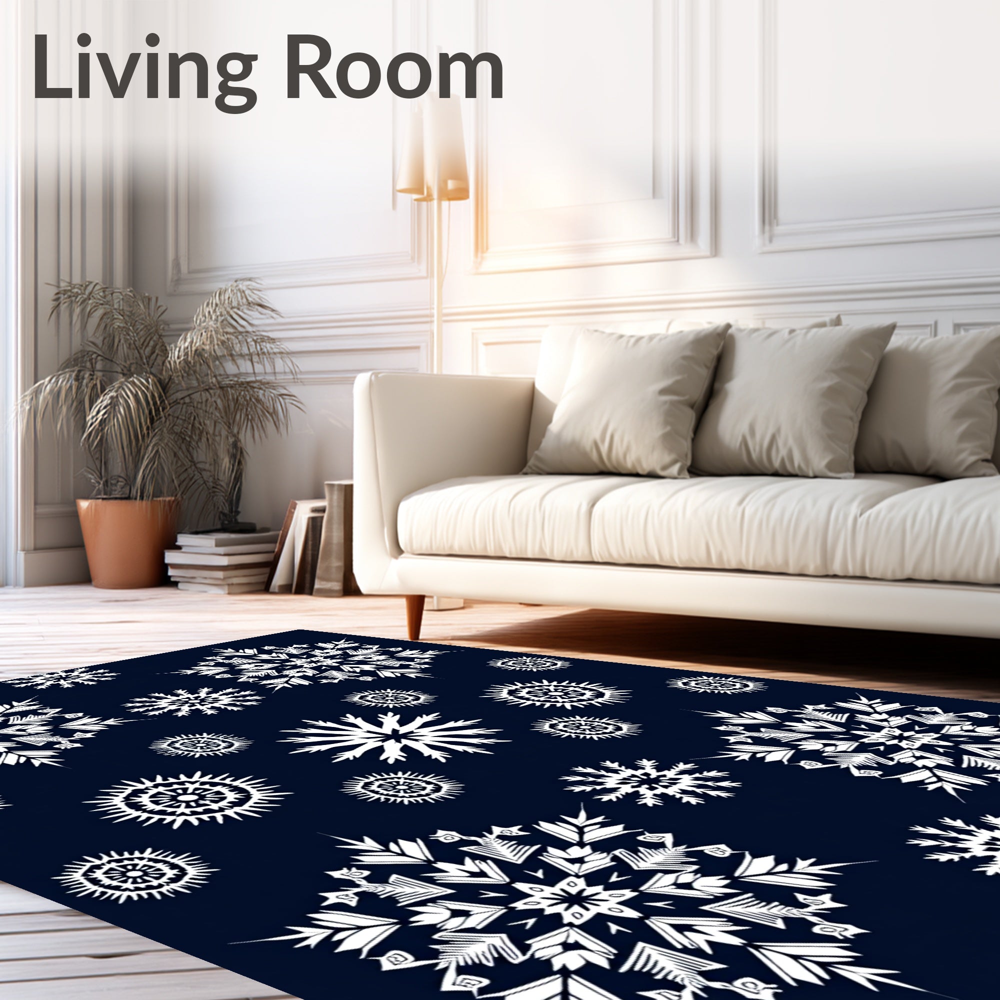 White Snowflake Collection on Navy Rug