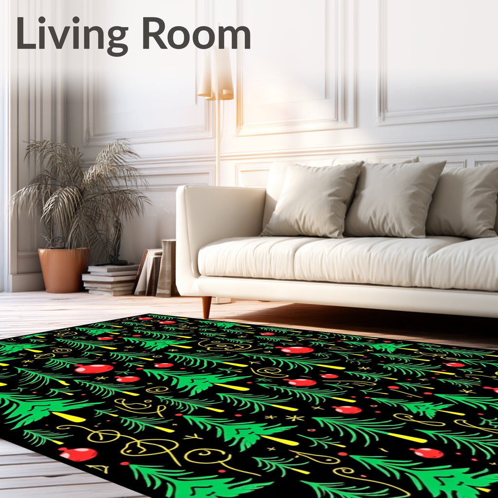 Scattered Green Christmas Trees Red Ornaments Rug
