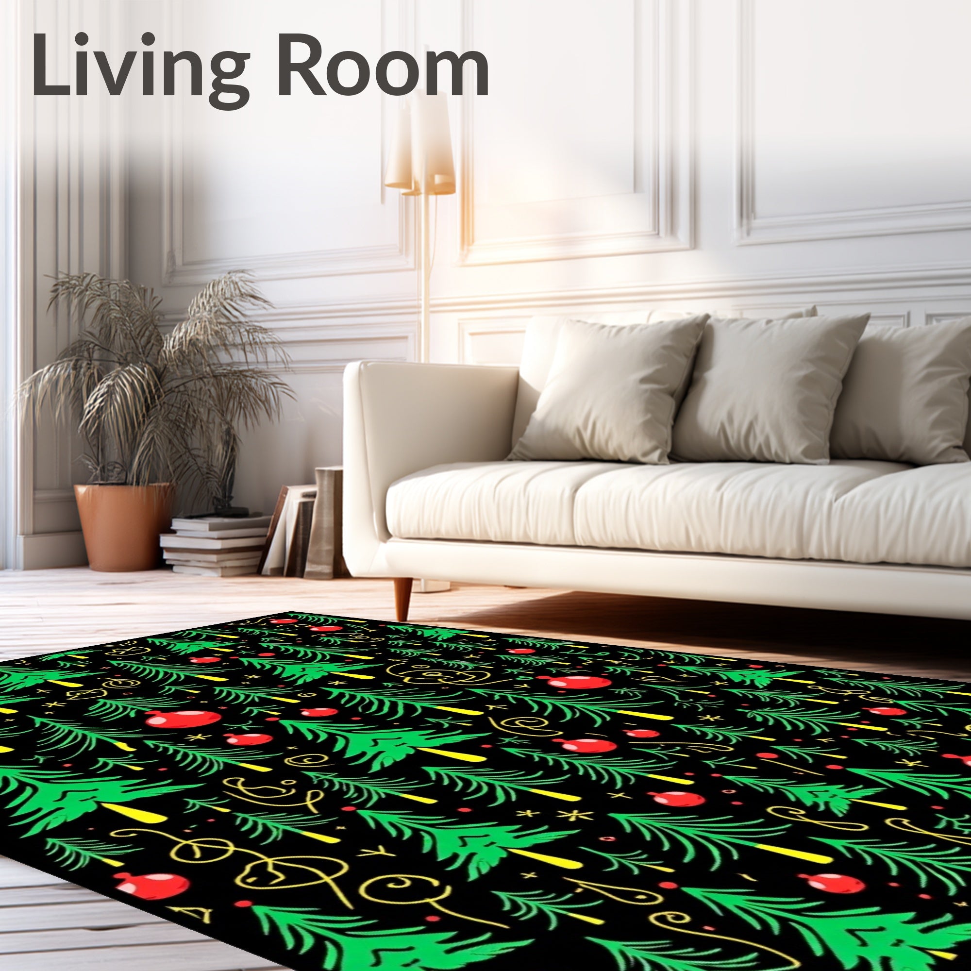 Scattered Green Christmas Trees Red Ornaments Rug