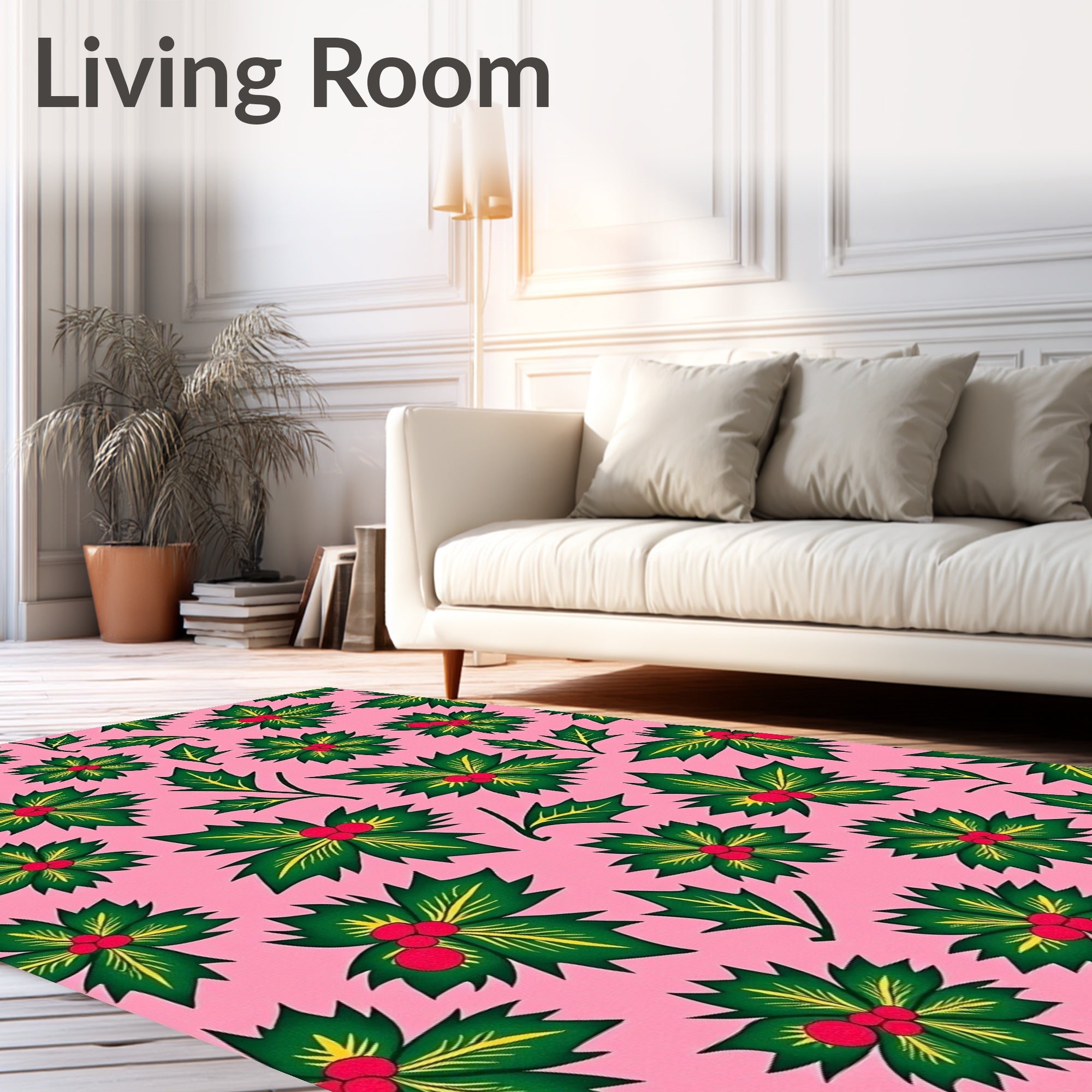 Pink Green Holly Berry Blossoms Rug