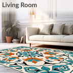 Turquoise Orange Floral Medallion Rug