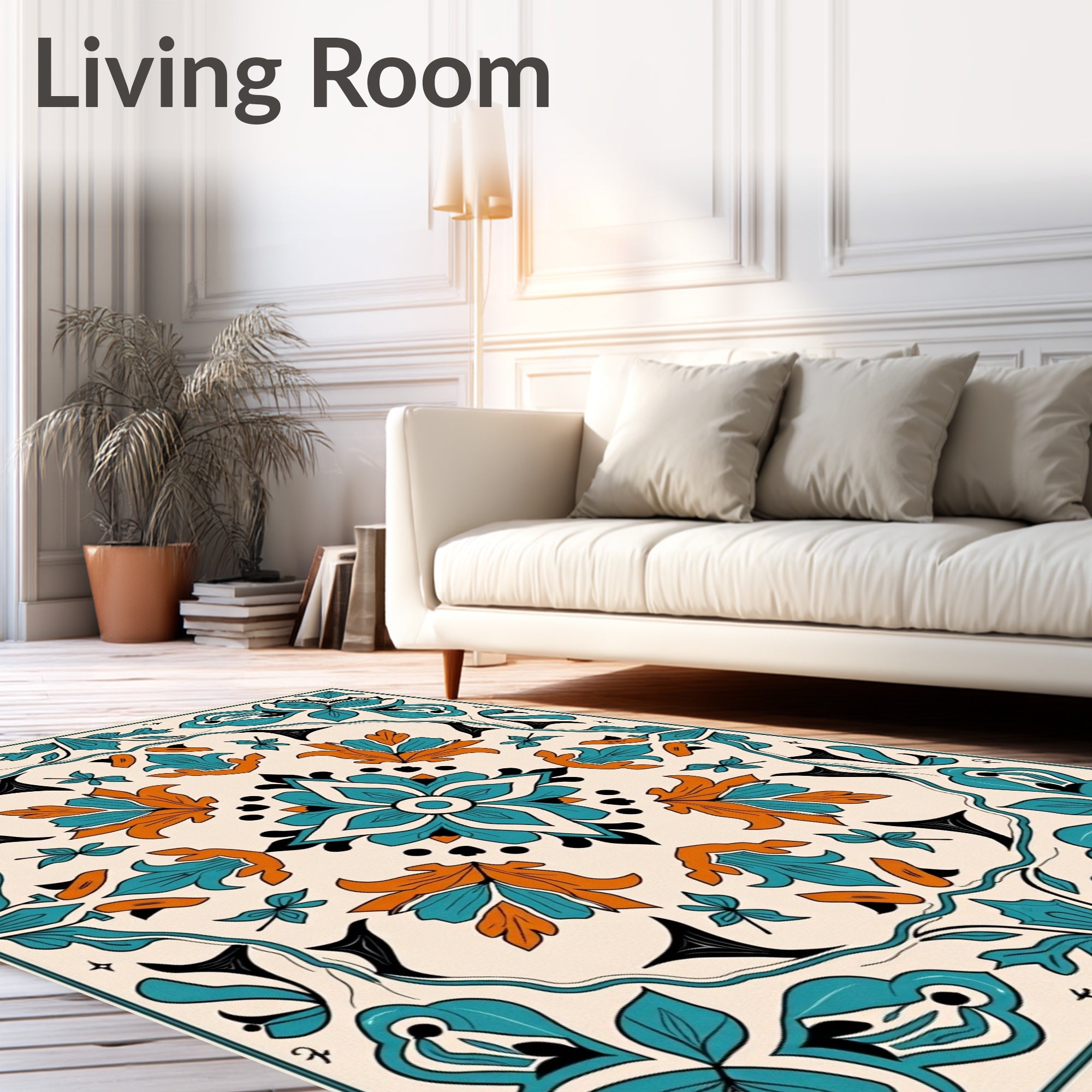 Turquoise Orange Floral Medallion Rug