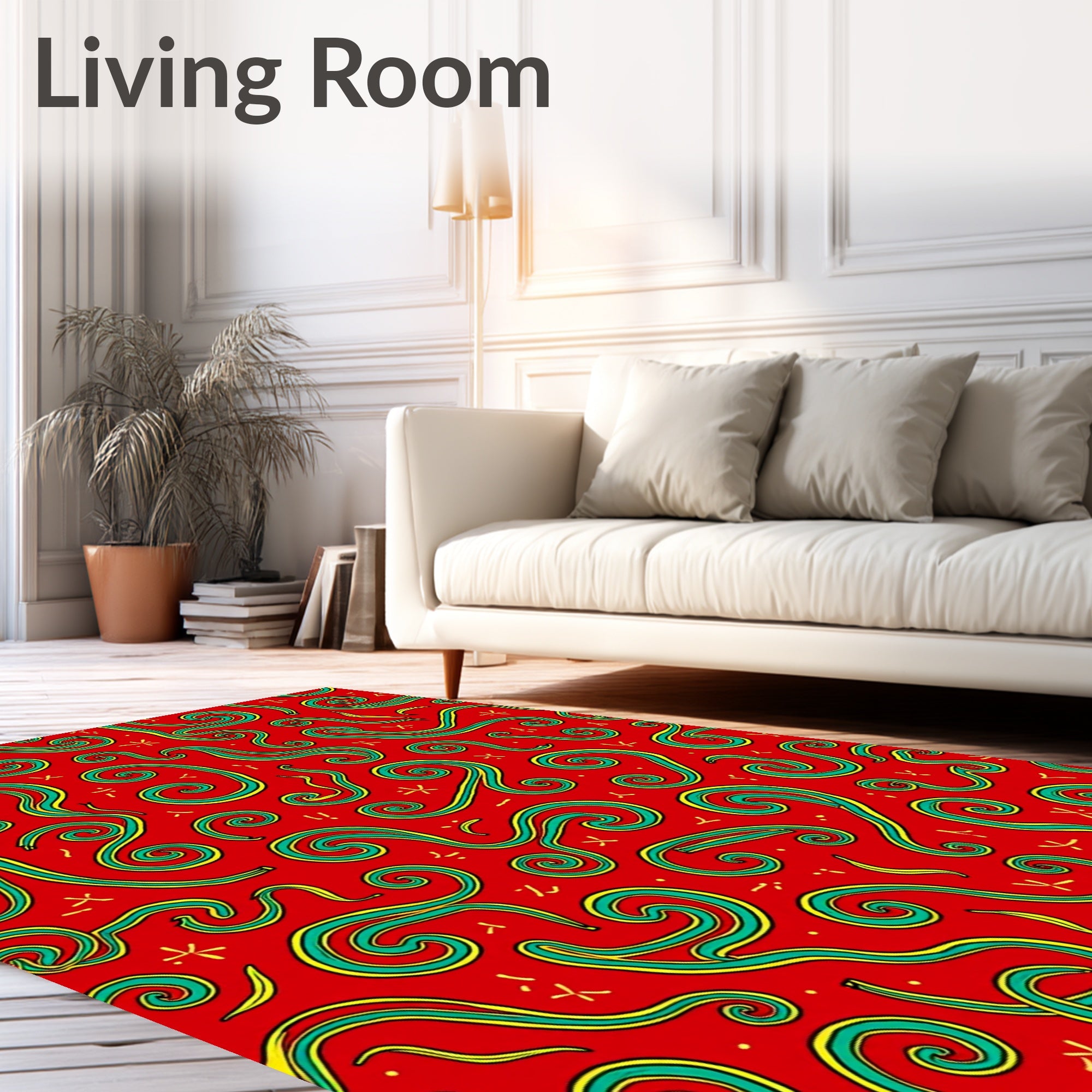 Red Teal Yellow Swirling Curls Rug