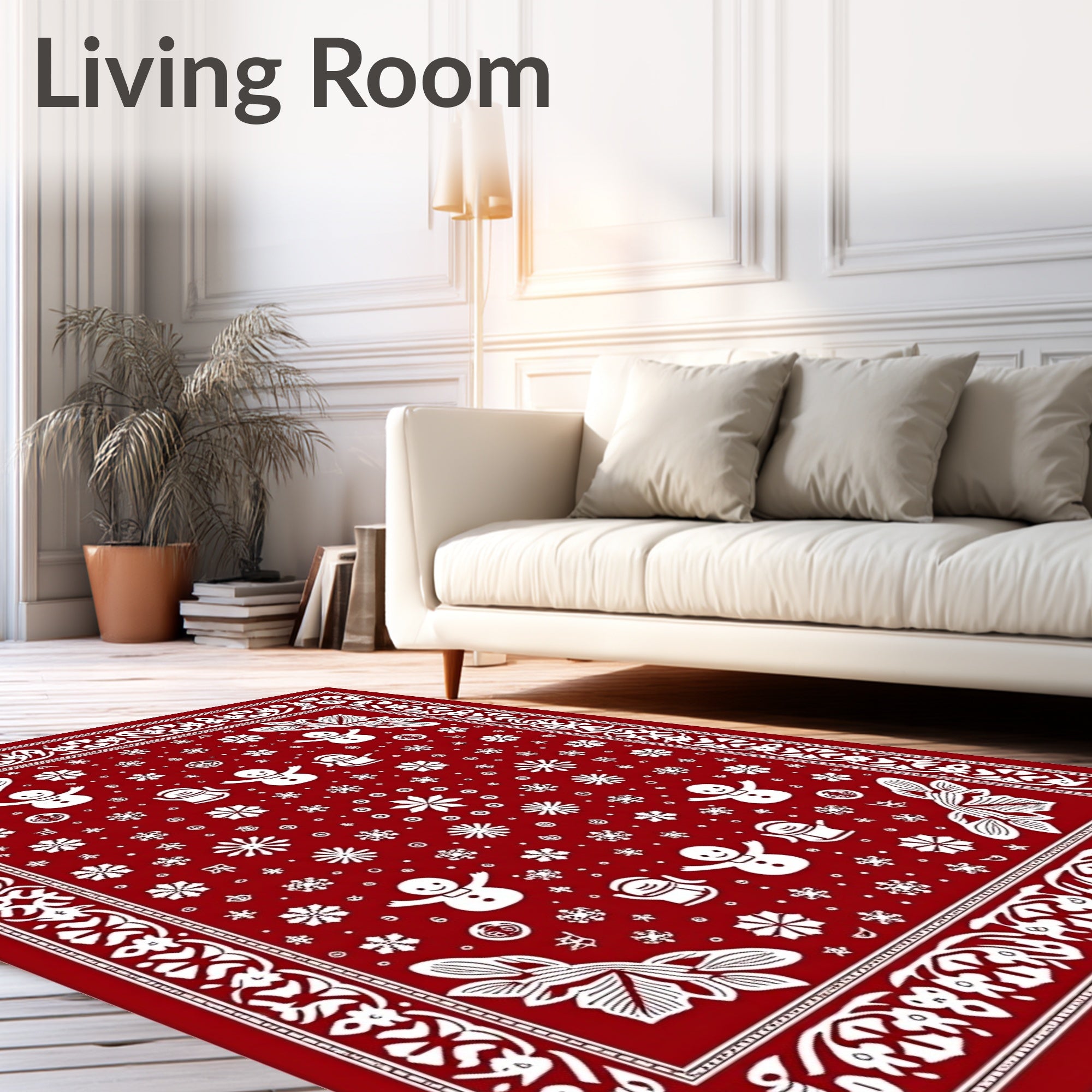 Festive Red Snowman Snowflake Scene Rug