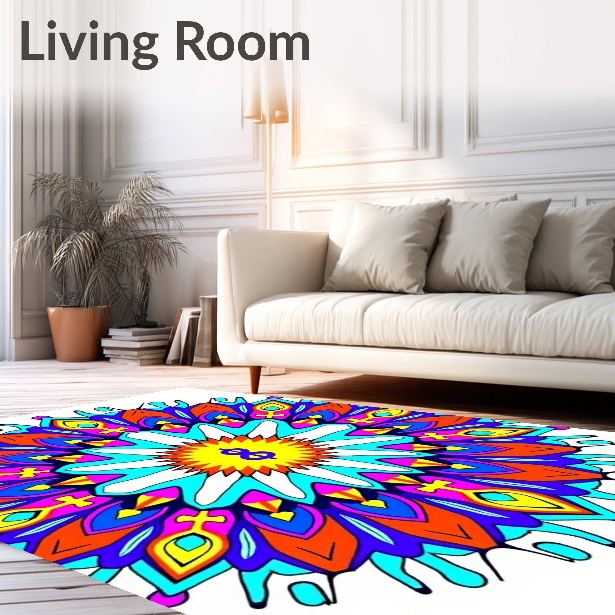 Vibrant Psychedelic Sunburst Mandala Rug