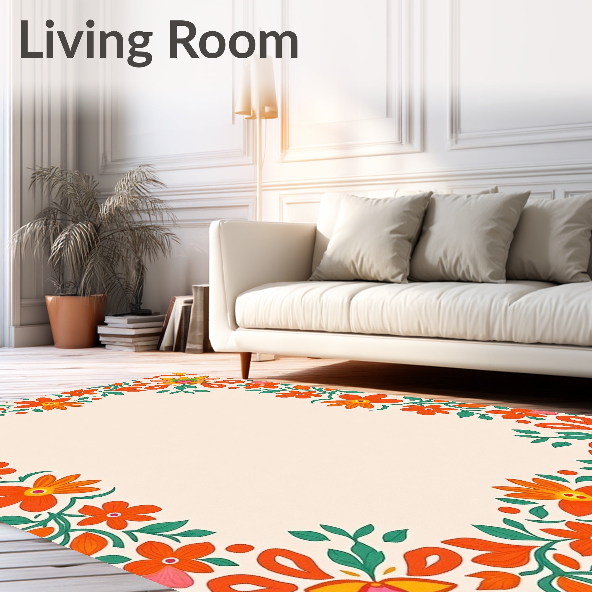 Vibrant Orange Red Floral Border Rug