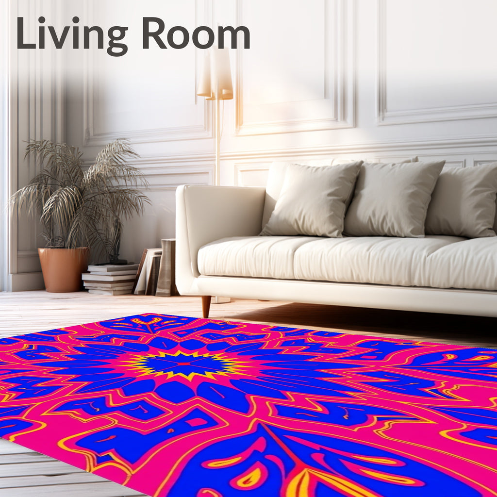 Vibrant Blue Pink Yellow Sunburst Rug