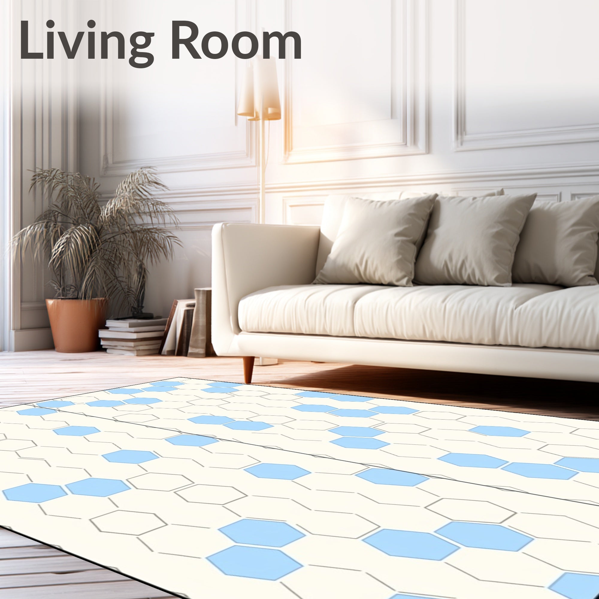 Light Blue Hexagon Geometric Grid Rug