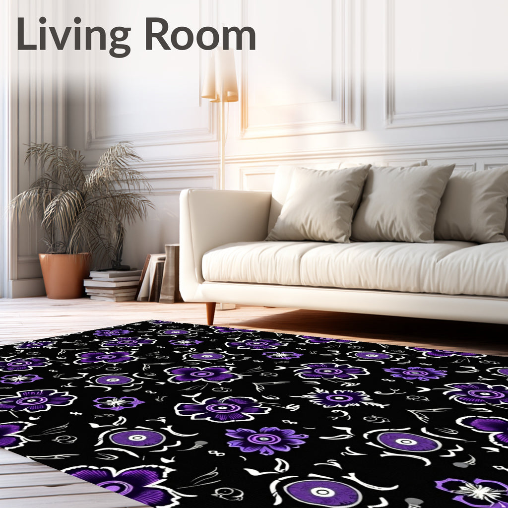 Vibrant Violet Floral Black Ground Rug