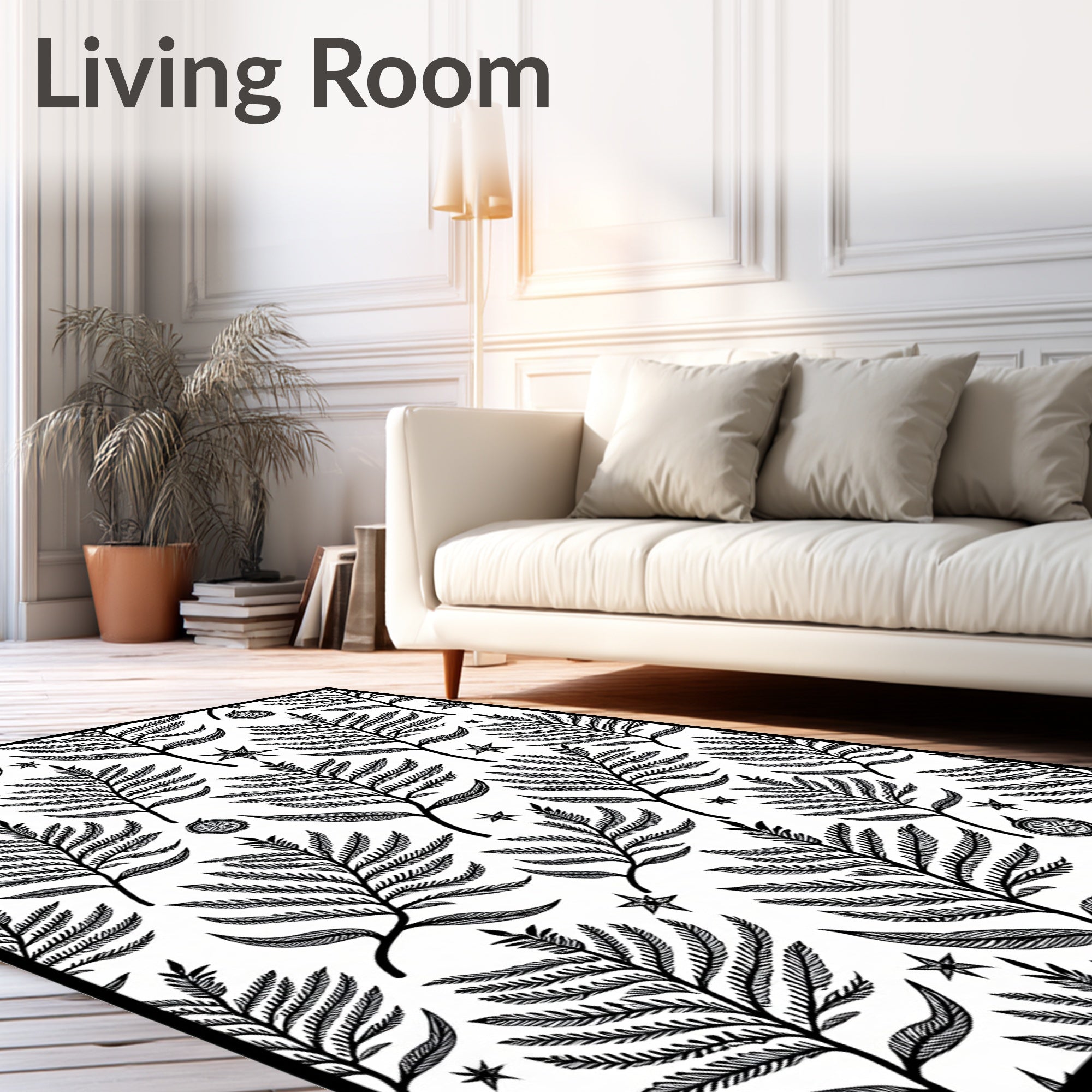 Black Fern and Star Botanical Art Rug