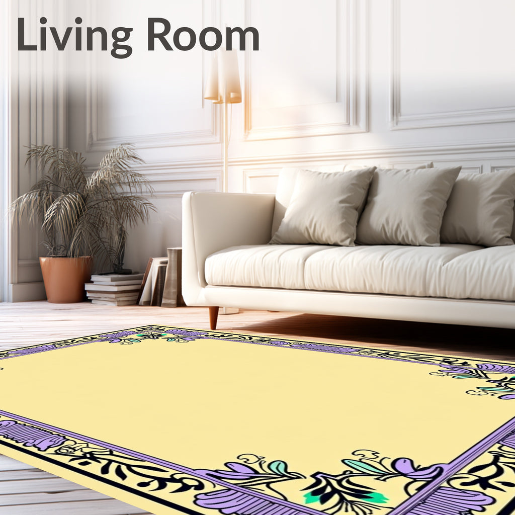 Pale Yellow Elegant Floral Border Accent Rug